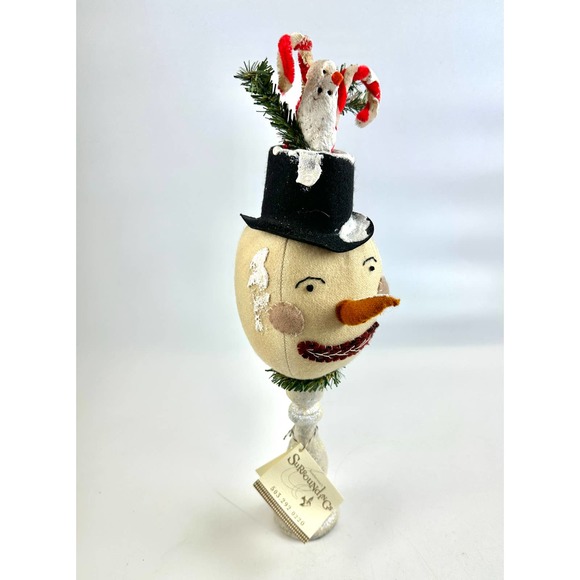 Vintage Whimsical Handmade Snowman Head On A Wooden Candlestick With Candy Canes - Picture 1 of 12